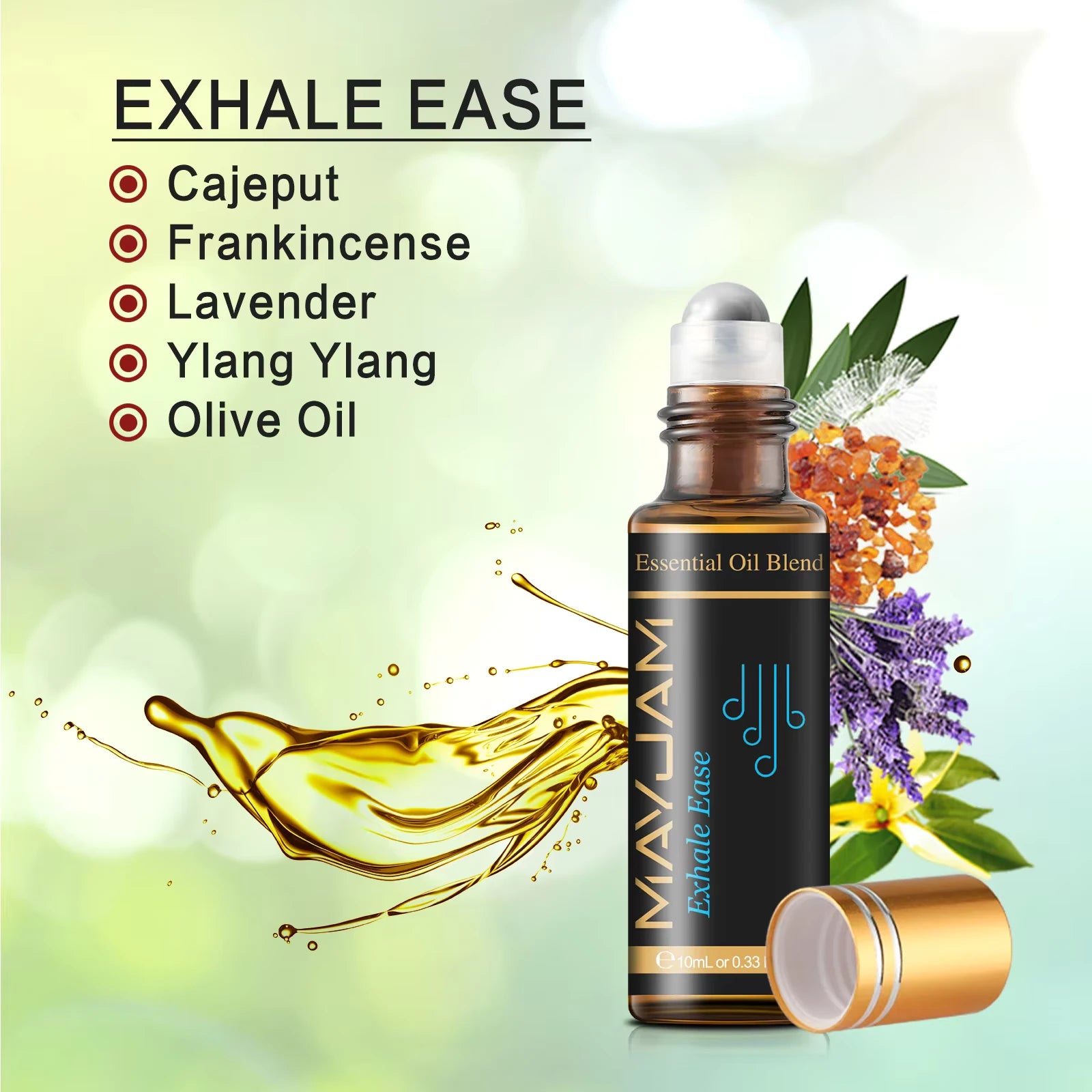 Essential oil blend roll-on bottle with oils mixture for "exhale ease" shown in text