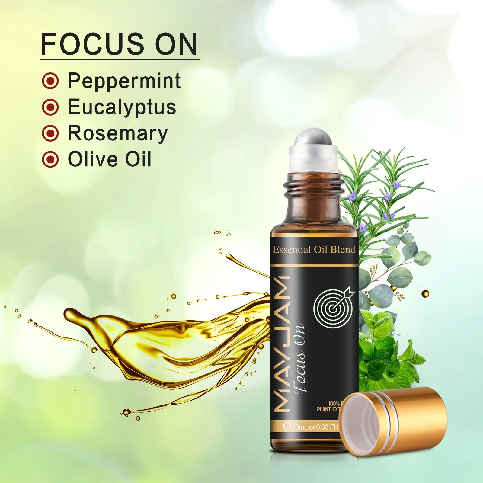 Essential oil blend roll-on bottle with oils mixture for "focus on" shown in text