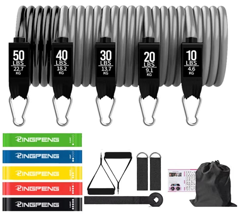 grey Set of resistance bands with multi colour loop bands on a white background