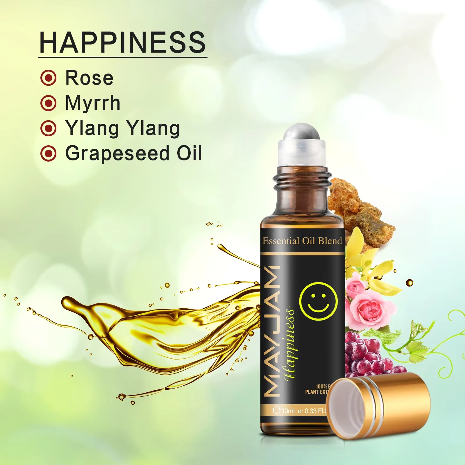 Essential oil blend roll-on bottle with oils mixture for "happiness" shown in text