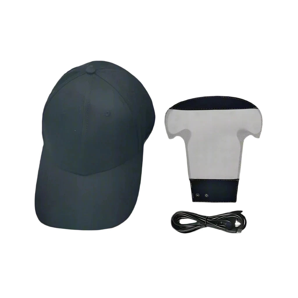 Black and white red light hair growth therapy panel and cap with a cable on a white background