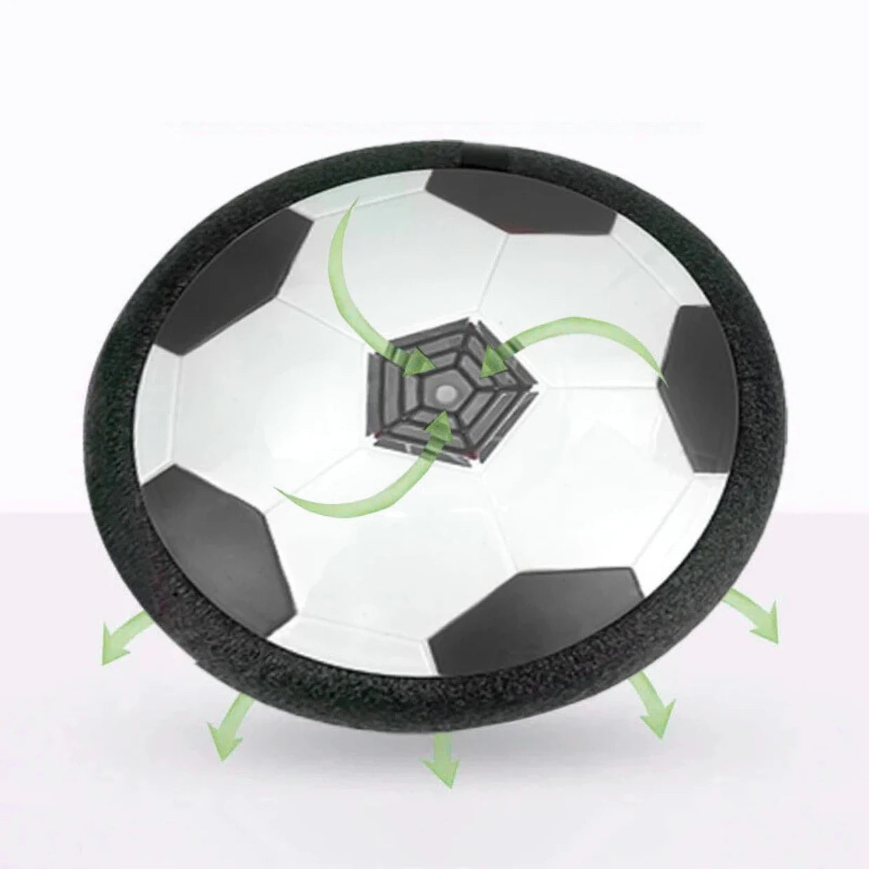 hover Soccer ball with built in fan indicating how the hover effect is achieved on a white background