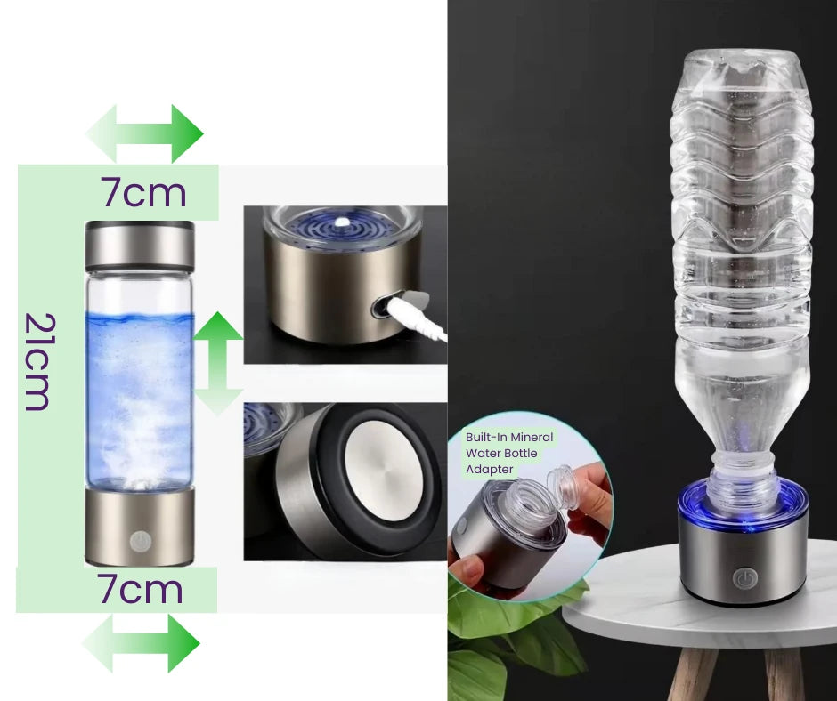Hydrogen water bottle with measurements and converter on a white background