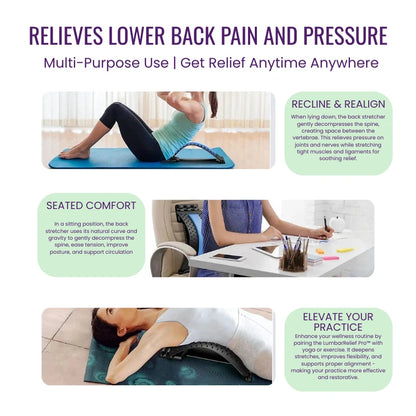 Product advertisement for a back stretcher device with usage scenarios and benefits.