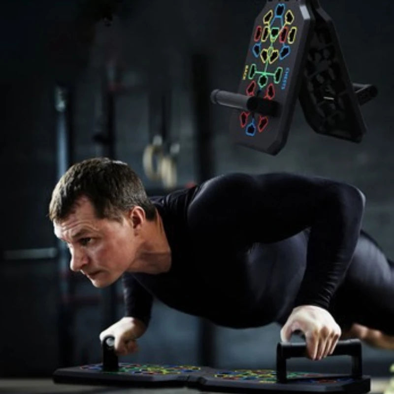 Person in black outfit performing a push-up on a board with a dark background