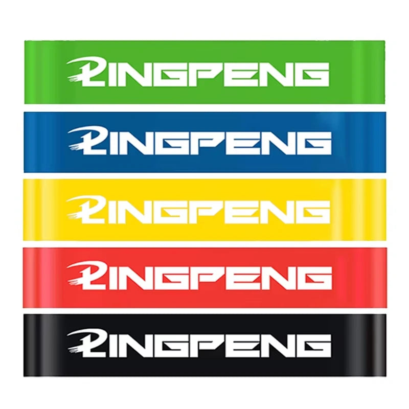 Five multi colour loop bands with branding on a white background