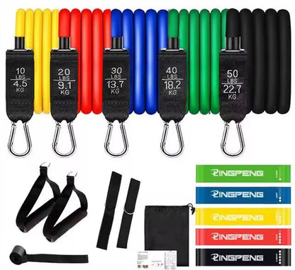 multi colour Set of resistance bands with multi colour loop bands on a white background