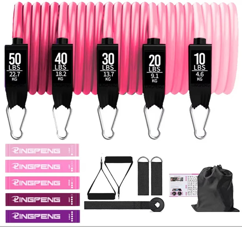 Pink Set of resistance bands with pink loop bands on a white background