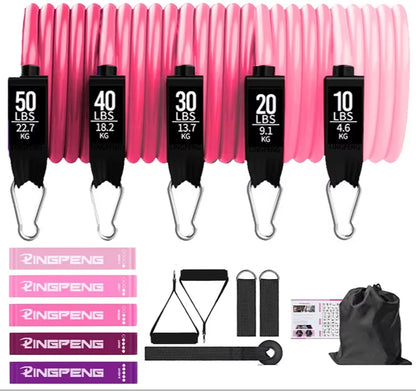 Pink Set of resistance bands with pink loop bands on a white background