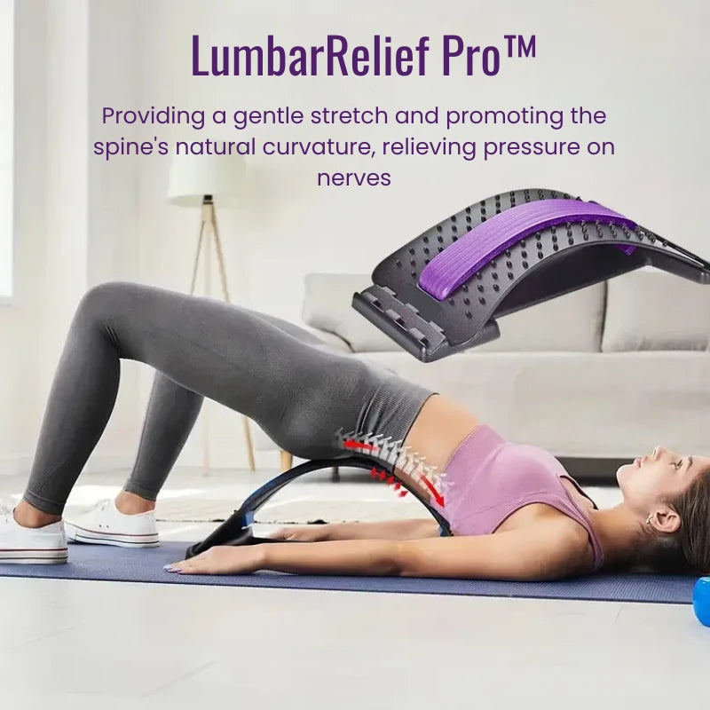 Person using Lumbar Relief Pro device on a yoga mat with text about its benefits.
