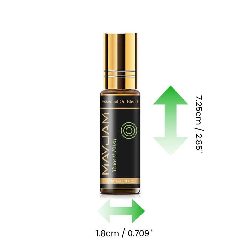 Essential oil blend roll-on bottle with height and width measurements on a white background