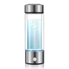 Silver Hydrogen water bottle with water inside on a white background