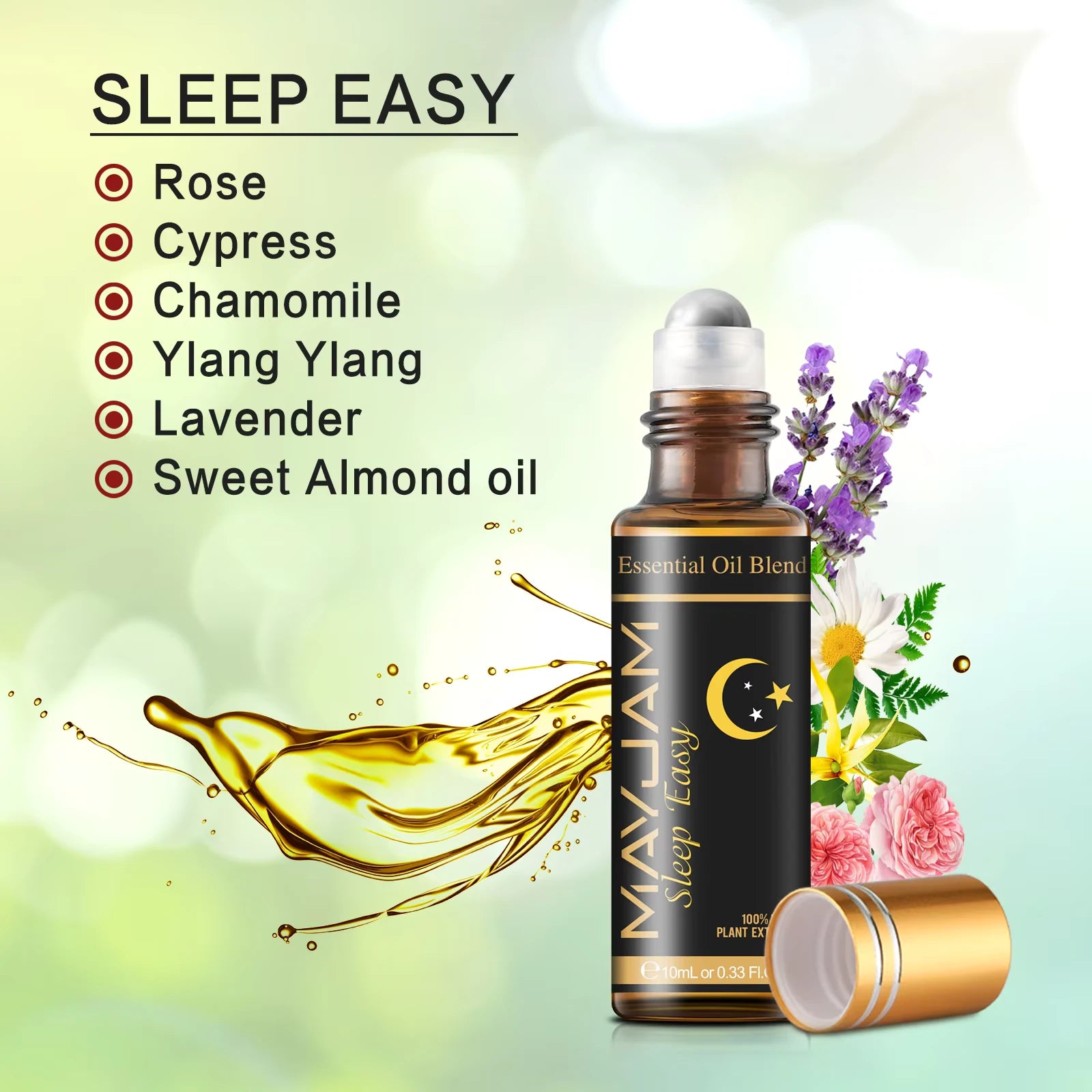 Essential oil blend roll-on bottle with oils mixture for "sleep easy" shown in text