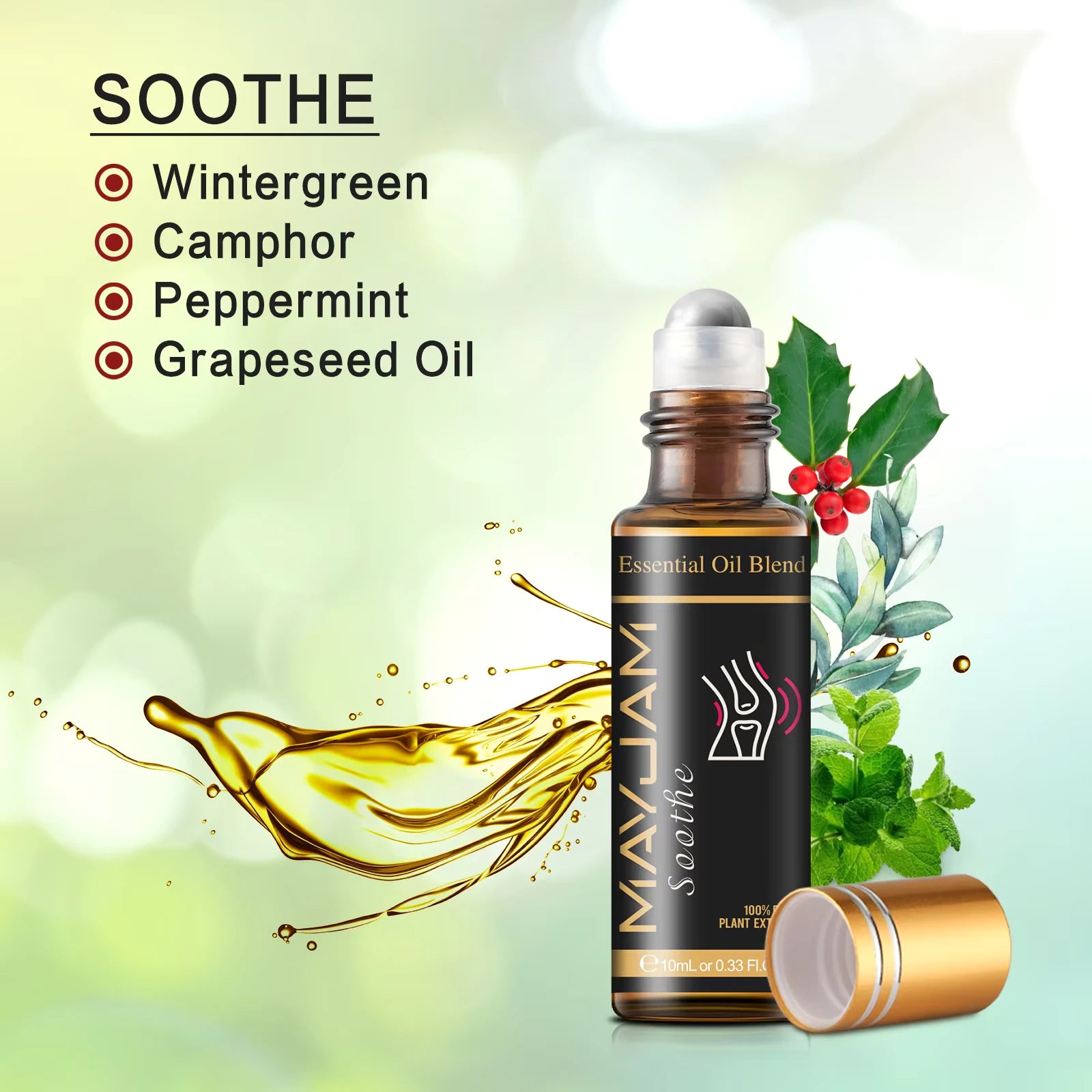 Essential oil blend roll-on bottle with oils mixture for "soothe" shown in text