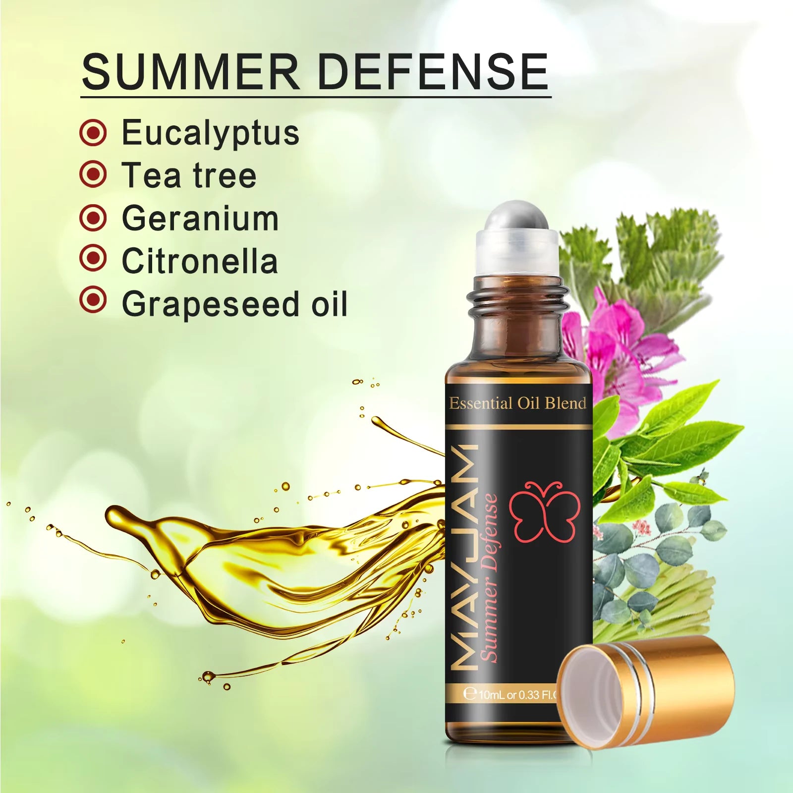 Summer Defense essential oil blend bottle with ingredients listed on a green background