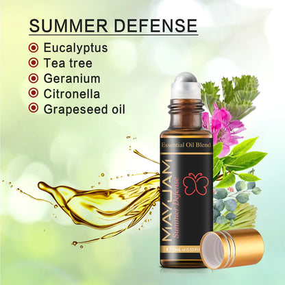 Summer Defense essential oil blend bottle with ingredients listed on a green background