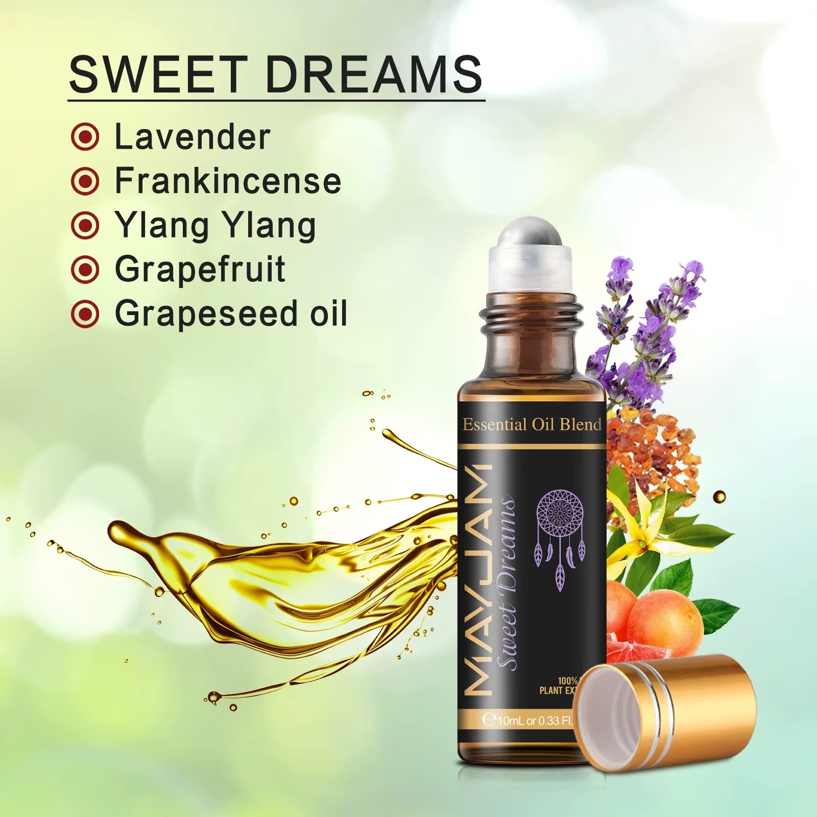 Essential oil blend roll-on bottle with oils mixture for "sweet dreams" shown in text