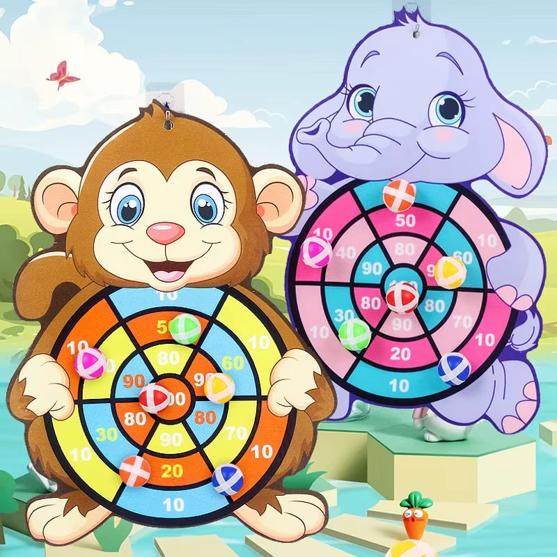 Two colorful animal-shaped target boards with a monkey and an elephant design on a cartoon landscape background.